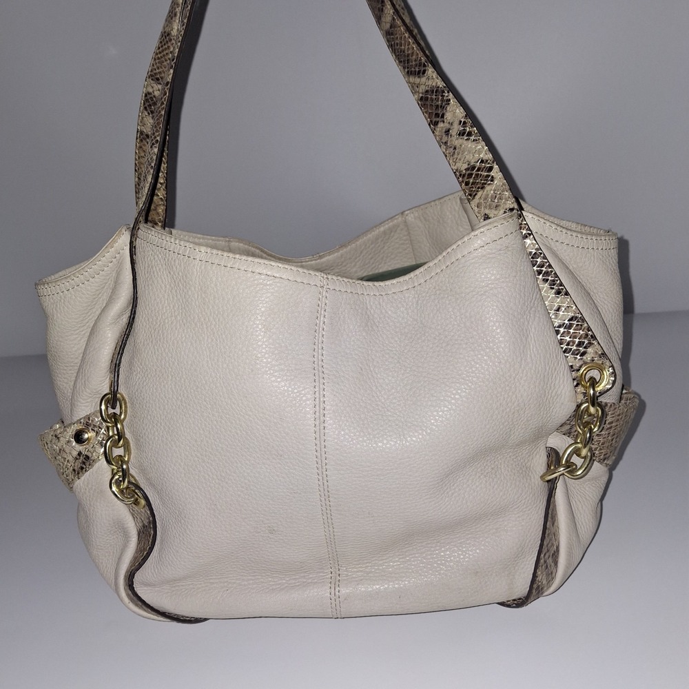 B. Makowsky Bag Tan Leather Shoulder Bag Snake Skin Accent With Chain Accent